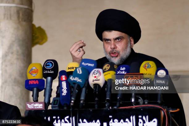 Iraqi Shiite cleric Moqtada al-Sadr delivers a speech during Friday prayer at the Great Mosque of Kufa, 10 kilometres northeast of the shrine city of...