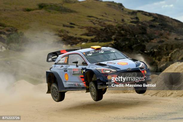 Andreas Mikkelsen of Norway and Anders Jaeger of Norway compete in their Hyundai Motorsport WRT Hyundai i20 coupe WRC during Day One of theWRC...
