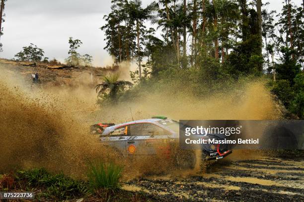 Hayden Paddon of New Zealand and Sebastien Marshall of Great Britain compete in their Hyundai Motorsport WRT Hyundai i20 coupe WRC during Day One of...