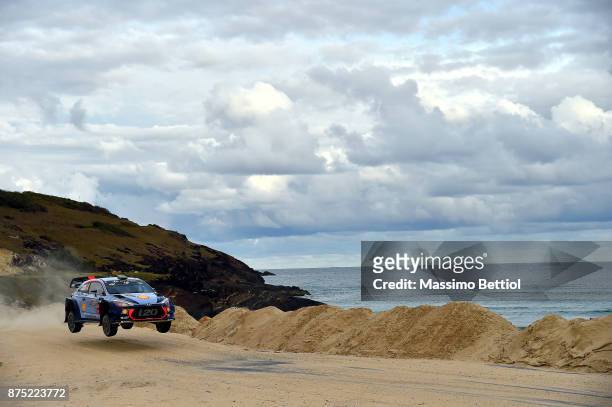 Hayden Paddon of New Zealand and Sebastien Marshall of Great Britain compete in their Hyundai Motorsport WRT Hyundai i20 coupe WRC during Day One of...