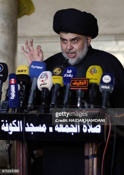 Iraqi Shiite cleric Moqtada al-Sadr delivers a speech during Friday prayer at the Great Mosque of Kufa, 10 kilometres northeast of the shrine city of...