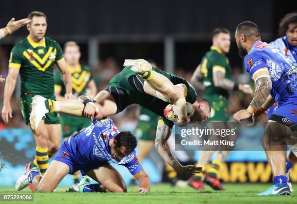 David Klemmer of Australia is tackled during the 2017 Rugby League World Cup Quarter Final match between Australia and Samoa at Darwin Stadium on...