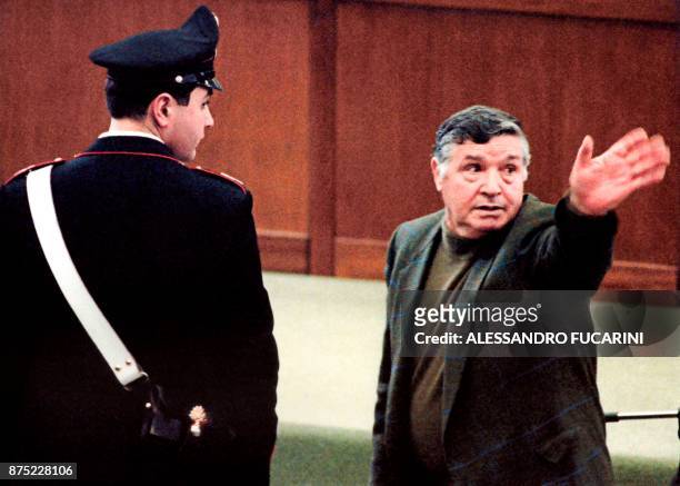Picture taken on March 8, 1993 shows mafia boss Salvatore "Toto" Riina during his trial at the high security prison Ucciardone in Palermo. Former...