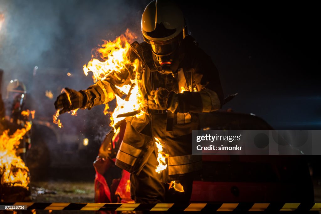 Firefighter with burning suit