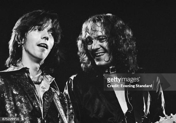 Guitarists Jimmy McCulloch and Steve Marriott performing with the Small Faces, at the Hammersmith Odeon, London, 25th September 1977.