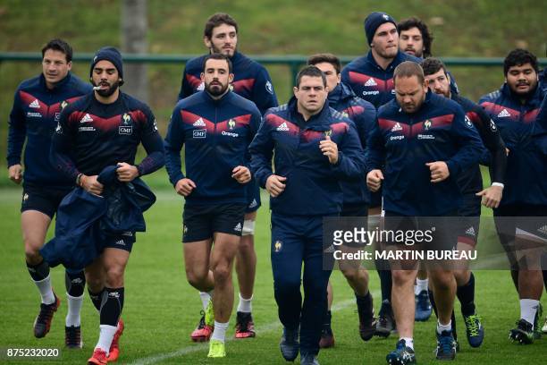 French rugby union national team players attend a captain's run session in Marcoussis near Paris on November 17 on the eve of the rugby union...