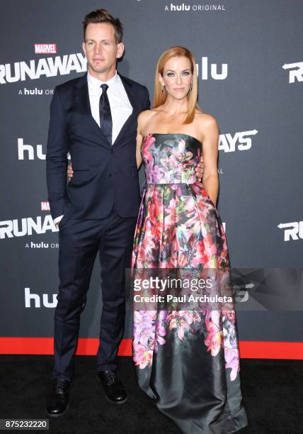 Actors Kip Pardue and Annie Wersching attend the premiere of Hulu's "Marvel's Runaways" at The Regency Bruin Theatre on November 16, 2017 in Los...