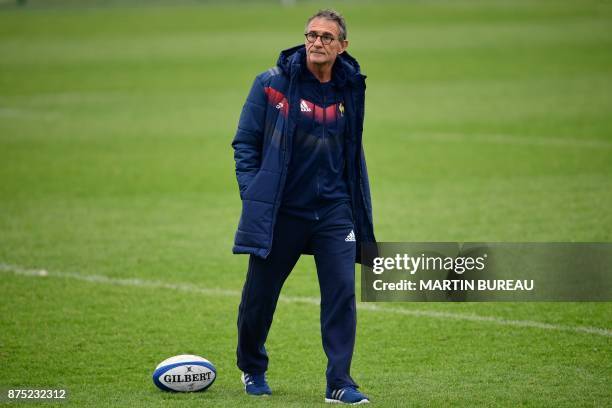 French rugby union national team's coach Guy Noves attends a captain's run session in Marcoussis near Paris on November 17 on the eve of the rugby...