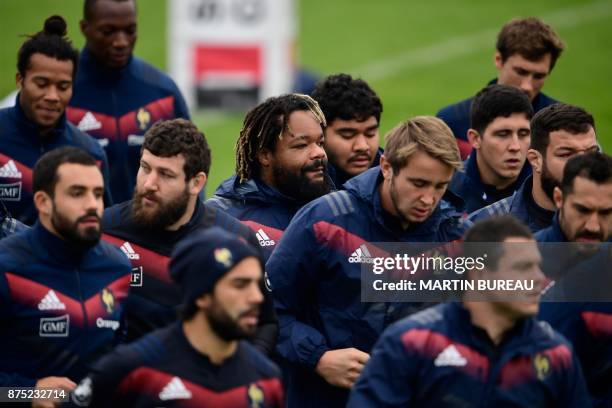 French rugby union national team attend a captain's run session in Marcoussis near Paris on November 17 on the eve of the rugby union international...