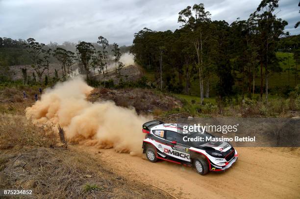 Elfyn Evans of Great Britain and Daniel Barritt of Great Britain compete in their M-Sport WRT Ford Fiesta WRC during Day One of the WRC Australia on...