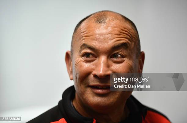 Eddie Jones, head coach of England looks on at a press conference during the England Captain's Run at Twickenham Stadium on November 17, 2017 in...