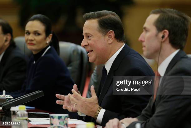 Panama's President Juan Carlos Varela speaks during a meeting with Chinese President Xi Jinping at the Great Hall of the People on November 17, 2017...