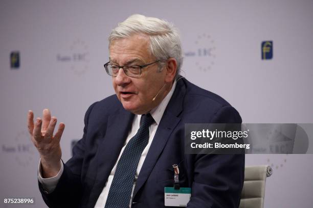 Jean Lemierre, chairman of the board at BNP Paribas, gestures while speaking during a panel discussion at the European Banking Congress on the final...