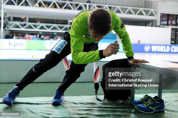 Jeremias Marx of Germany prepares during Day 1 of the ISU World Cup Speed Skating at Soermarka Arena on November 17, 2017 in Stavanger, Norway.