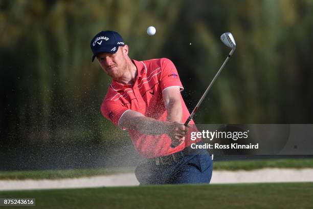 David Horsey of England hits his second shot on the 17th hole during the second round of the DP World Tour Championship at Jumeirah Golf Estates on...