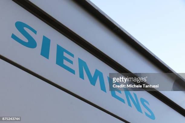 The Company Logo in front of the Siemens dynamo factory on November 17, 2017 in Berlin, Germany. Siemens announced the day before it will be laying...