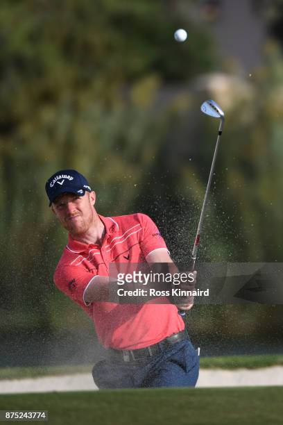 David Horsey of England hits his second shot on the 17th hole during the second round of the DP World Tour Championship at Jumeirah Golf Estates on...