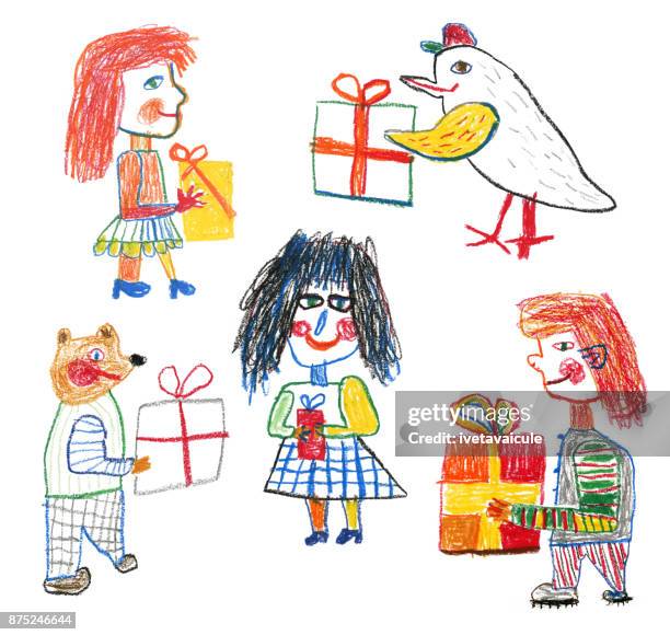 ilustrações de stock, clip art, desenhos animados e ícones de variety of people and animals holding gift box - desenho a lápis de cera