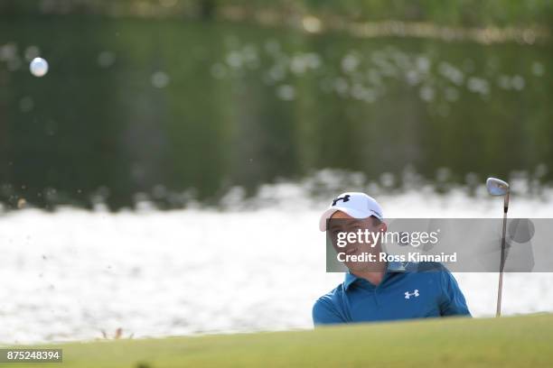 Matthew Fitzpatrick of England hits his second shot on the 17th hole during the second round of the DP World Tour Championship at Jumeirah Golf...