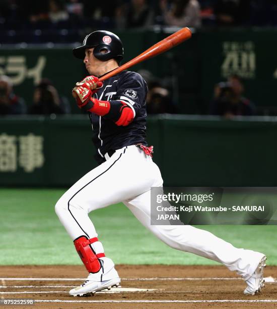 Outfielder Yang Dai-Kang of Chinese Taipei hits a single in the top of sixth inning during the Eneos Asia Professional Baseball Championship 2017...