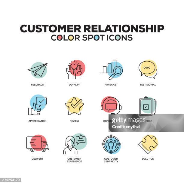 einfachen satz von kunden beziehung farbsymbole vector linie - kundenbeziehungsmanagement stock-grafiken, -clipart, -cartoons und -symbole