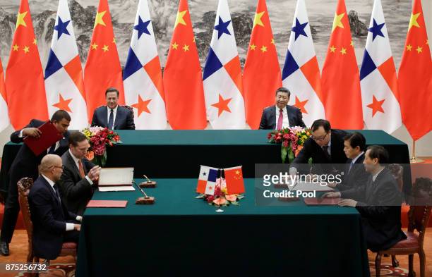 Panama's President Juan Carlos Varela and China's President Xi Jinping attend a signing ceremony on November 17, 2017 in Beijing, China. Panama's...