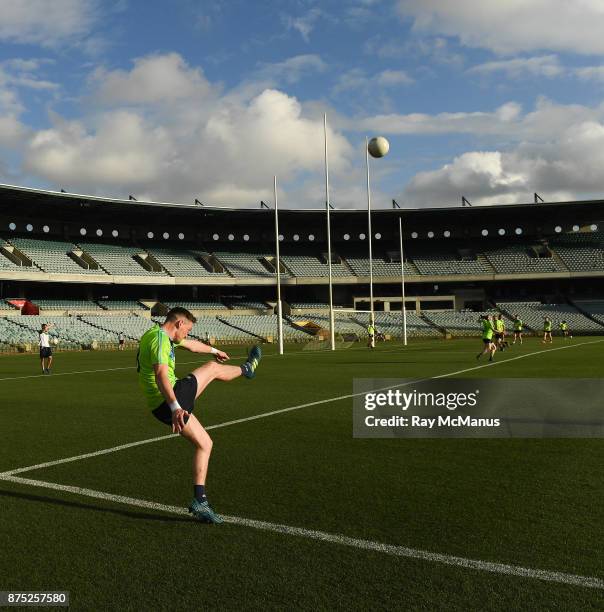 Australia - 17 November 2017; Conor McManus practices a side line kick during Ireland International Rules Squad Captain's Run at Domain Stadium,...