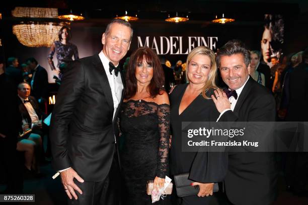 Henry Maske, his wife Manuela Maske, Thomas Anders and his wife Claudia Anders pose at the Bambi Awards 2017 party at Atrium Tower on November 16,...