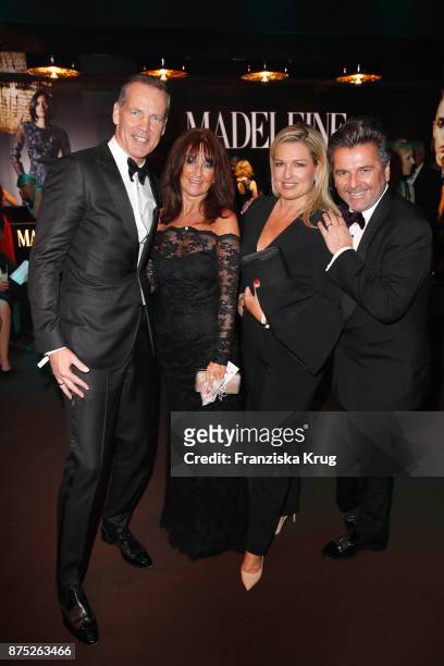 Henry Maske, his wife Manuela Maske, Thomas Anders and his wife Claudia Anders pose at the Bambi Awards 2017 party at Atrium Tower on November 16,...