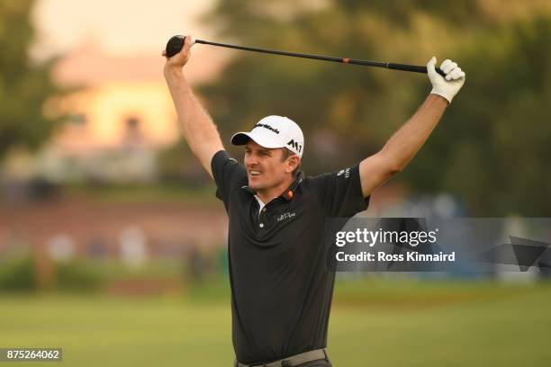 Justin Rose of England reacts to his second shot on the 18th hole during the second round of the DP World Tour Championship at Jumeirah Golf Estates...