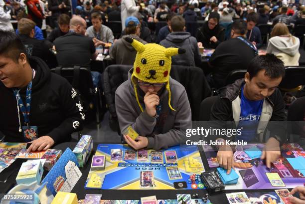 Competitor wears a pikachu hat at the Pokemon European International Championships at ExCel on November 17, 2017 in London, England. Thousands of...