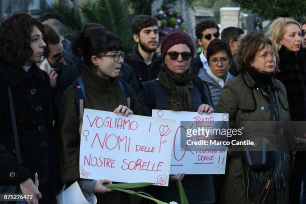 Some women with signs asking for the end of the exploitation of migrants, during the funeral of the 28 migrant women who died in a shipwreck as they...