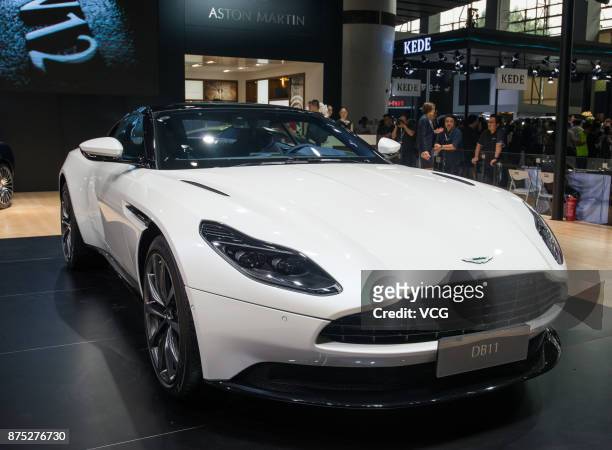 Aston Martin DB11 is on display during the 15th Guangzhou International Automobile Exhibition at the China Import and Export Fair Complex on November...