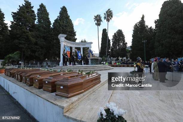 The cemetery altar with the coffins, during the funeral of the 28 migrant women who died in a shipwreck as they sought to reach Italy.