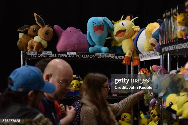 Pokemon soft toys are sold at the Pokemon European International Championships at ExCel on November 17, 2017 in London, England. Thousands of...