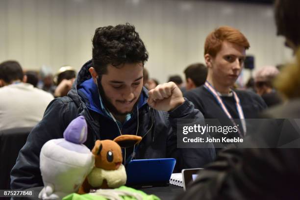 Competitor makes a gesture at the Pokemon European International Championships at ExCel on November 17, 2017 in London, England. Thousands of...