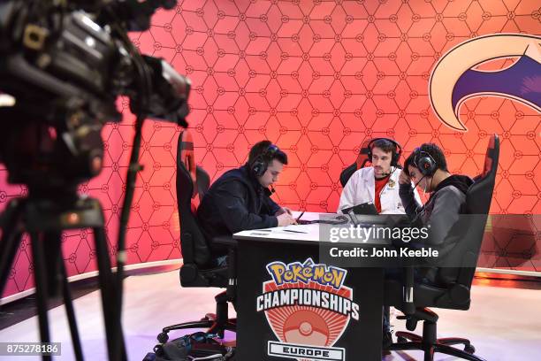 Attendees compete in a livestream match at the Pokemon European International Championships at ExCel on November 17, 2017 in London, England....