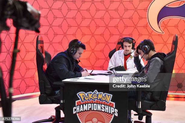 Attendees compete in a livestream match at the Pokemon European International Championships at ExCel on November 17, 2017 in London, England....