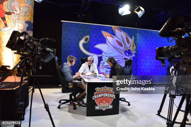 Attendees compete in a livestream match at the Pokemon European International Championships at ExCel on November 17, 2017 in London, England....