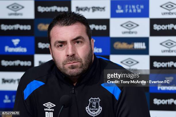 Everton caretaker manager, David Unsworth speaks to the media during the Everton press conference at USM Finch Farm on November 17, 2017 in Halewood,...
