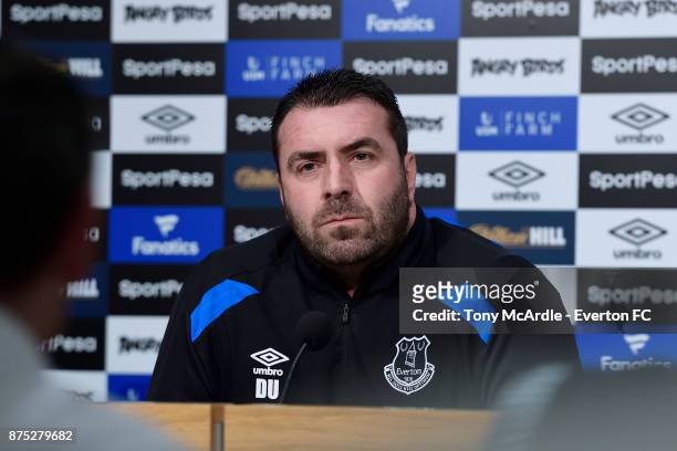 Everton caretaker manager, David Unsworth speaks to the media during the Everton press conference at USM Finch Farm on November 17, 2017 in Halewood,...