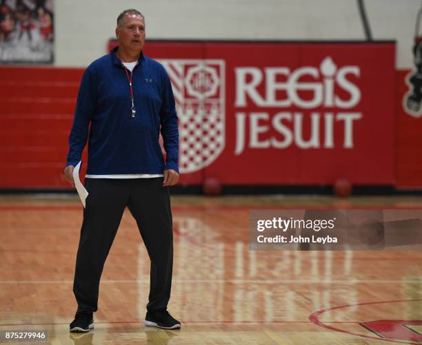Regis Jesuit Jada head coach Carl Mattei looks on during practice on November 15, 2017 at Regis High School in Aurora, Colorado. Regis who in...