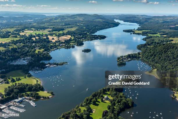An aerial view of the southern side of Lake Windermere, Belle Island, Ferry Green and the village of Storrs on July 12, 2017 in...