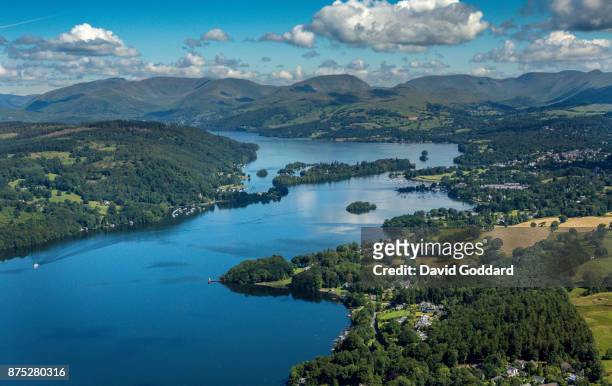An aerial view of the northern end of Lake Windermere, Bowness-on-Windermere and the lake District mountains in the background on July 12, 2017 in...