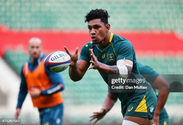 Lopeti Timani of Australia in action during the Australia Captain's Run at Twickenham Stadium on November 17, 2017 in London, England. Australia are...