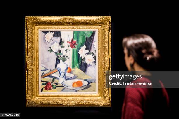 Samuel John Peploe's 'Still Life of Roses with a Blue and White Vase goes on view as part of Sotheby's Scottish Art sale at Sotheby's on November 17,...