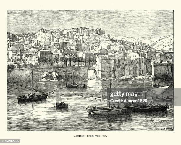 algiers from the sea, 19th century - algiers stock illustrations