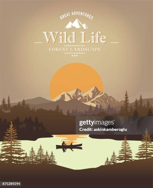 landscape with canoe - camping illustration stock illustrations