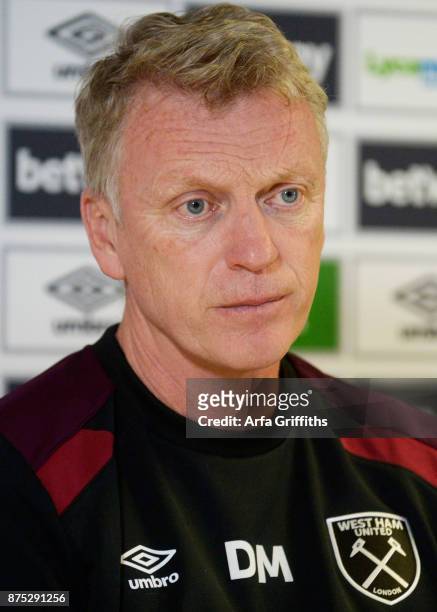 David Moyes, manager of West Ham United speaks to the media during his Press Conferance at Rush Green on November 17, 2017 in Romford, England.