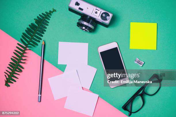 knolling concept. office space - phone cover stockfoto's en -beelden